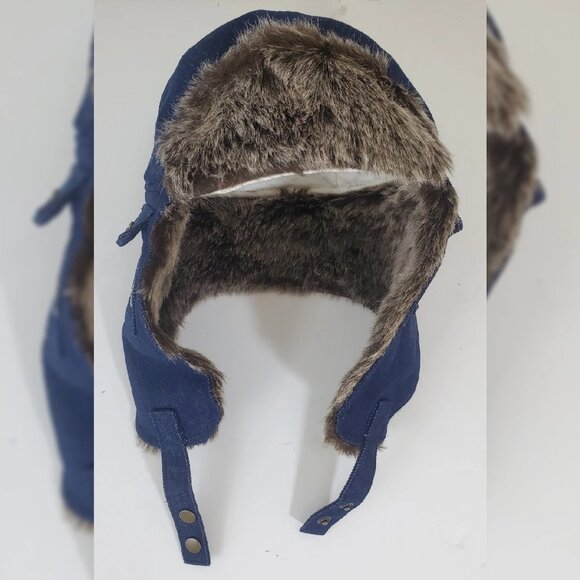 TRUE RELIGION DENIM FAUX FUR TRAPPER AVIATOR HAT STITCHED HORSESHOE LOGO POCKET - Picture 5 of 6